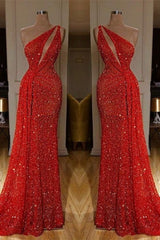 Gorgeous One Shoulder Red Sequins Long Prom Dress