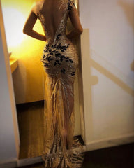 Gorgeous One Shoulder V-Neck Sheath Backless Floor-Length Prom Dresses