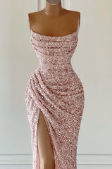Prachtige roze lovertjes mouwloze prom -jurk met spleet