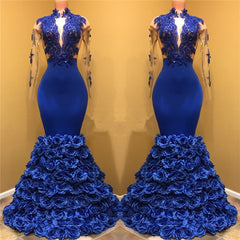 Gorgeous Royal Blue Prom Dresses Long Sleevess Evening Gowns with Rose Flowers