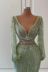 Gorgeous Sage Green Long Sleeves Evening Dresses Mermaid V-Neck With Beads