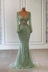 Gorgeous Sage Green Long Sleeves Evening Dresses Mermaid V-Neck With Beads