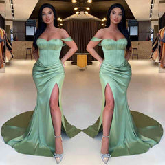 Gorgeous Sage Green Off-the-Shoulder Prom Dress Mermaid Slit
