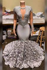 Gorgeous Silver Long Sleeves Mermaid Appliques Flowers Prom Dress