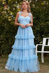 Gorgeous Sky Blue Straps Sweetheart Evening Dress Long Tulle Layered
