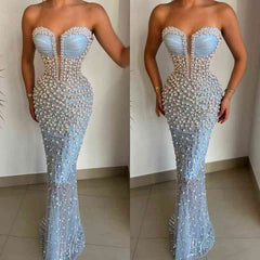 Gorgeous Sky Blue Sweetheart Pearls Prom Dress Mermaid With Beads