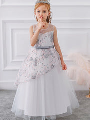 Gorgeous Sleeveless Ball Gown Flower Girl Dress with Tulle Sash Ribbon and Embroidered Bow