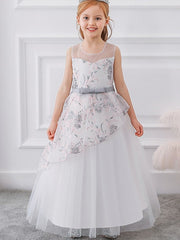 Gorgeous Sleeveless Ball Gown Flower Girl Dress with Tulle Sash Ribbon and Embroidered Bow