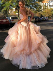 Gorgeous Strapless Layered Light Pink Tulle Long Prom Dresses Light Pink Tulle Formal Graduation Evening Dresses