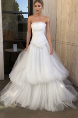 Gorgeous Strapless Layered Light Pink Tulle Long Prom Dresses Light Pink Tulle Formal Graduation Evening Dresses