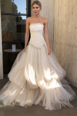 Gorgeous Strapless Layered Light Pink Tulle Long Prom Dresses Light Pink Tulle Formal Graduation Evening Dresses