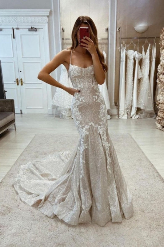 Gorgeous Tulle Lace Mermaid Wedding Dress  Spaghetti Straps Glitter Bridal Dress