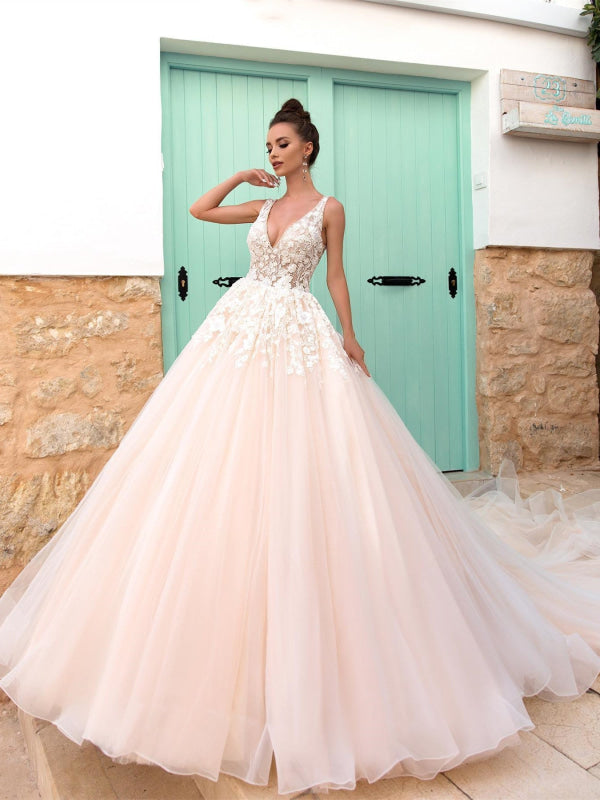 Gorgeous V Neck Open Back Pink Lace Long Ball Gown Wedding Dress