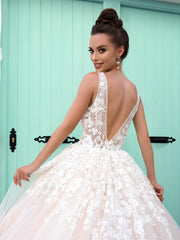 Gorgeous V Neck Open Back Pink Lace Long Ball Gown Wedding Dress