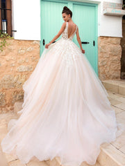 Gorgeous V Neck Open Back Pink Lace Long Ball Gown Wedding Dress