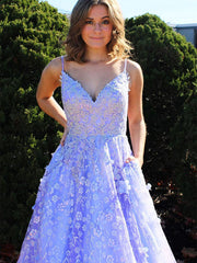 Gorgeous V Neck Open Back Purple Lace Floral Long Prom Dresses, Purple Lace Formal Graduation Evening Dresses with 3D Flowers
