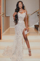 Gorgeous White Sweetheart Lace Side Slit Prom Dress with Appliques
