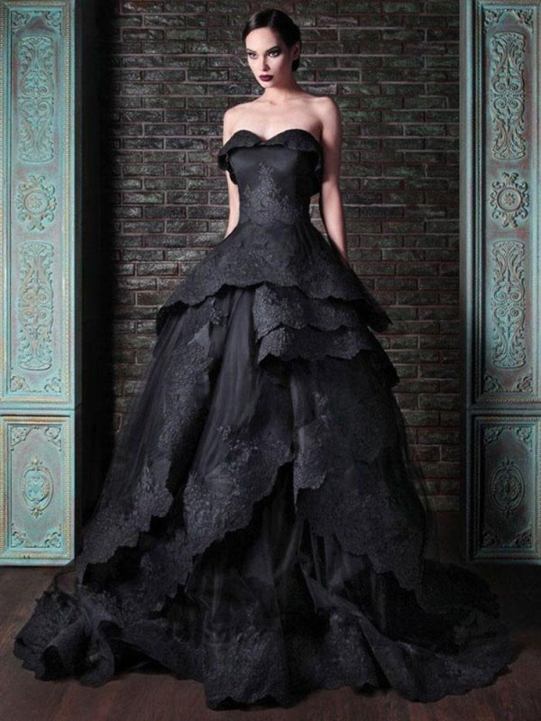 Gothic Wedding Dresses Satin Princess Black Beaded Court Train Bridal Gown Sleeveless