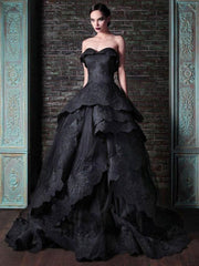 Gothic Wedding Dresses Satin Princess Black Beaded Court Train Bridal Gown Sleeveless