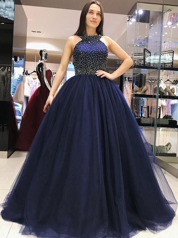 Gown Sleeveless Halter Sweep/Brush Train With Beading Tulle Dresses