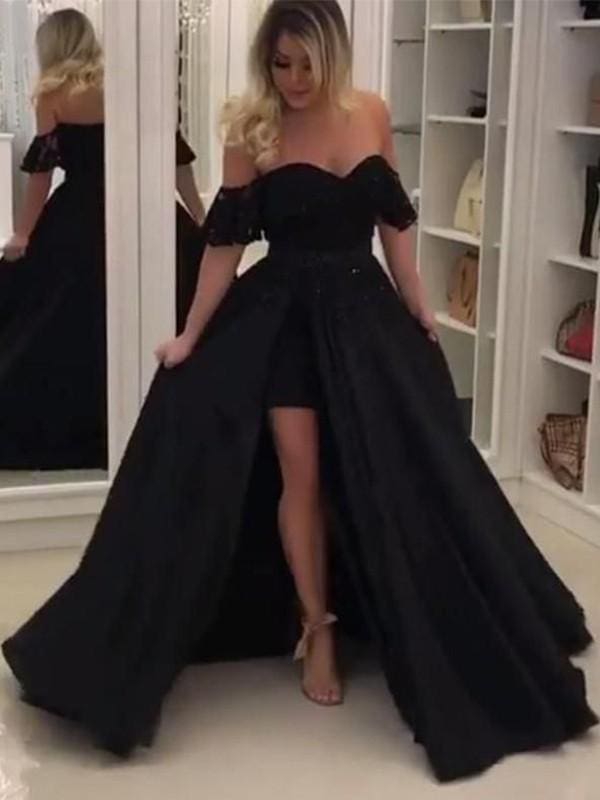 Gown Sleeveless Off-the-Shoulder Sweep/Brush Train Lace Satin Dresses