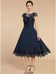 Aimishang  A-Line Mother of the Bride Dress Wedding Guest Elegant Petite Scoop Neck Tea Length Chiffon Lace Cap Sleeve with Sequin Ruching Solid Color
