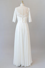 Sierlijke lange A-Line Line Lace Chiffon trouwjurk met mouwen