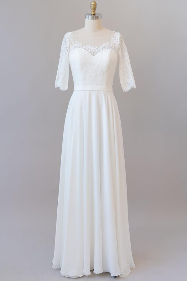 Sierlijke lange A-Line Line Lace Chiffon trouwjurk met mouwen