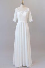 Sierlijke lange A-Line Line Lace Chiffon trouwjurk met mouwen