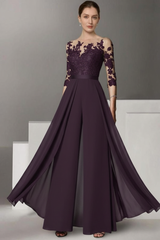Half Sleeves Chiffon Mother of Bride Jumpsuit with Appliques