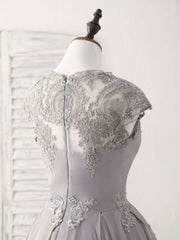 Gray Round Neck Lace Short Prom Dress Gray Bridesmaid Dress