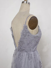 A Line Spaghetti Straps Backless Gray Lace Prom Dresses, Gray Backless Formal Dresses, Backless Lace Evening Dresses