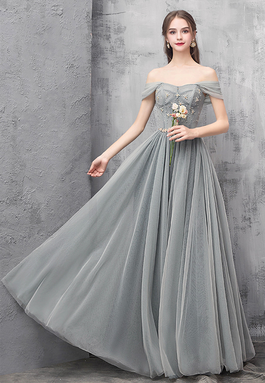 A-Line Tulle Long Prom Dresses, Off the Shoulder Evening Dresses
