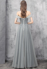 A-Line Tulle Long Prom Dresses, Off the Shoulder Evening Dresses