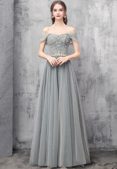 A-Line Tulle Long Prom Dresses, Off the Shoulder Evening Dresses