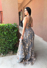 A-Line Backless Long Prom Dresses, Grey V-Neck Evening Dresses