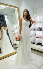 Greek Empire Strapped V-Neck Empire Chiffon Weddig Dress White Elegant