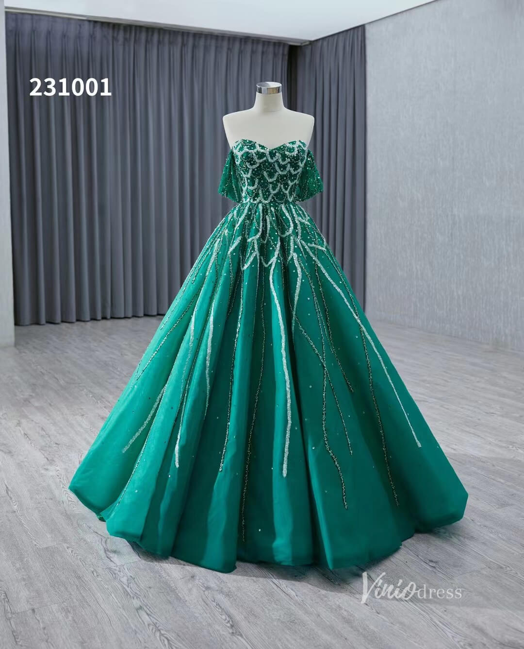Green Beaded Lace Wedding Dresses Off the Shoulder Quinceanera Dress 231001