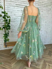 Green Floral Lace Prom Dresses with Sheer Long Sleeves & Pockets - TO008B