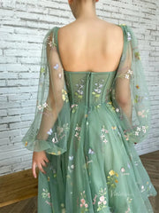 Green Floral Lace Prom Dresses with Sheer Long Sleeves & Pockets - TO008B
