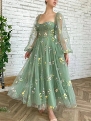 Green Floral Lace Prom Dresses with Sheer Long Sleeves & Pockets - TO008B