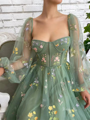 Green Floral Lace Prom Dresses with Sheer Long Sleeves & Pockets - TO008B