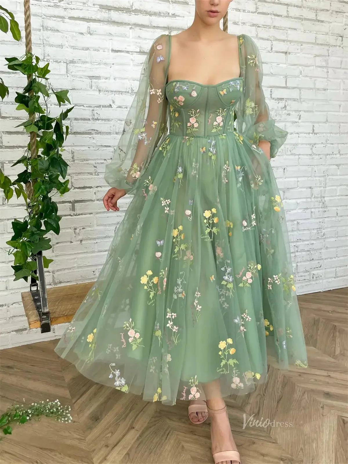 Green Floral Lace Prom Dresses with Sheer Long Sleeves & Pockets - TO008B