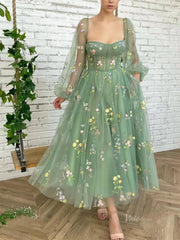 Green Floral Lace Prom Dresses with Sheer Long Sleeves & Pockets - TO008B