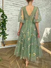 Green Floral Lace Prom Dresses with Sheer Puffed Sleeves, V-Neck & Pockets - TO008C