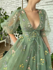 Green Floral Lace Prom Dresses with Sheer Puffed Sleeves, V-Neck & Pockets - TO008C