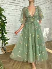 Green Floral Lace Prom Dresses with Sheer Puffed Sleeves, V-Neck & Pockets - TO008C