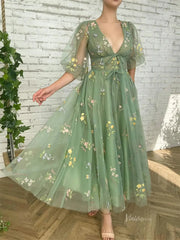 Green Floral Lace Prom Dresses with Sheer Puffed Sleeves, V-Neck & Pockets - TO008C