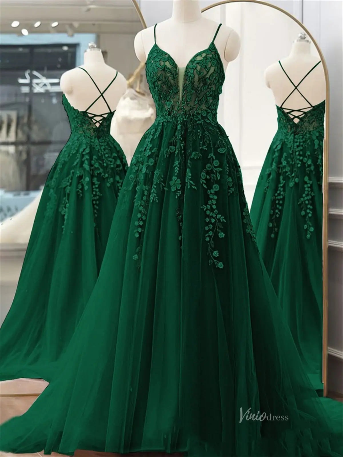 Green Lace Tulle Prom Dresses with Spaghetti Straps & Sweetheart Neckline - FD5171