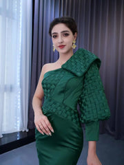 Green Mermaid Satin Formal Dresses One Shoulder Wedding Dress 222163